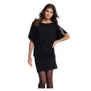 WHBM Embellished Dolman Sleeve Blouson Mini Dress Womens Size XS Black Jewel